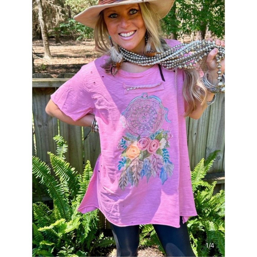 A Rare Bird Womens Distressed Dreamcatcher Rhinestone Graphic Tee Size L XL Pink